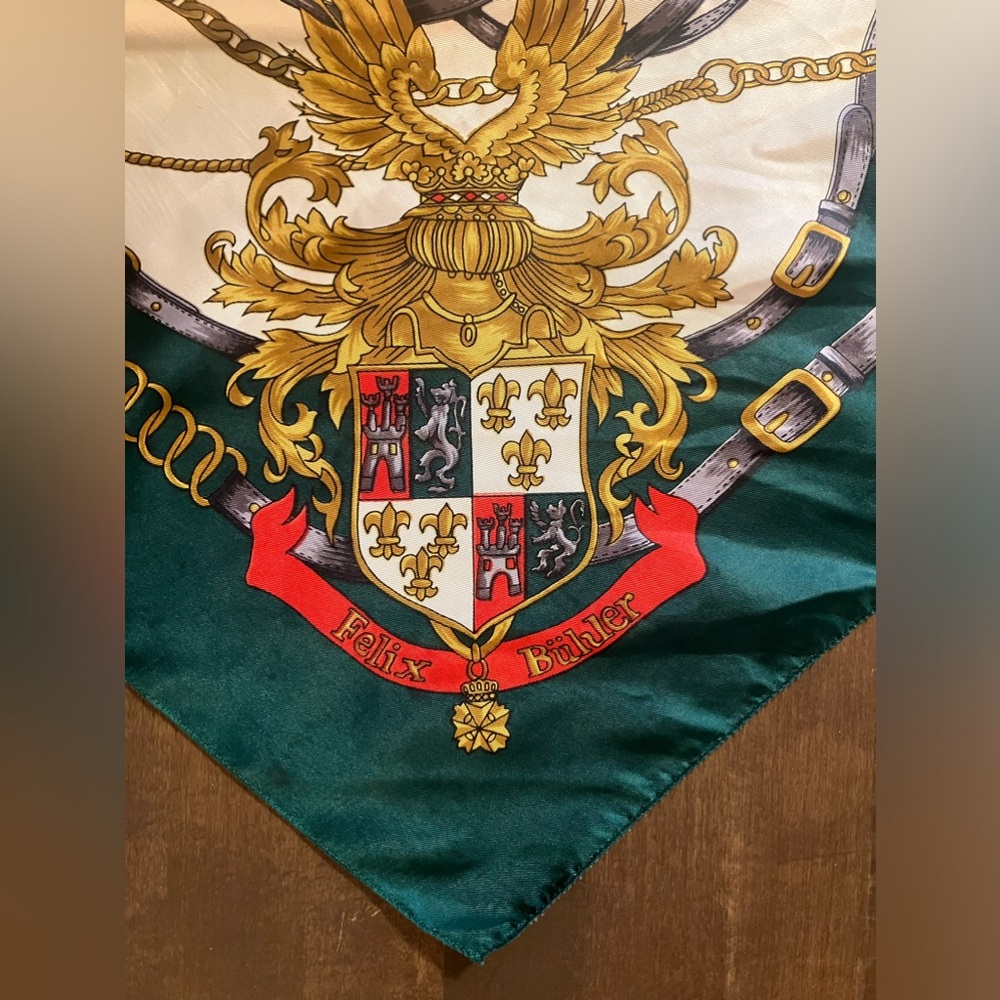 EQUESTRIAN styled silk-feel scarf: emerald green, red & gold on cream background